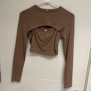 Taupe Two Piece Long Sleeve Cropped Cut Out Set Top
